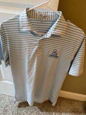 Peter Millar White Polo with Light Blue Stripes and Ascension Logo